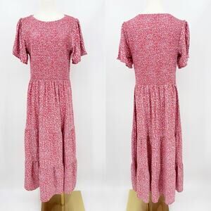 Red Floral Smocked Maxi Dress Short Flutter Sleeve Tiered XL Boho Cottagecore